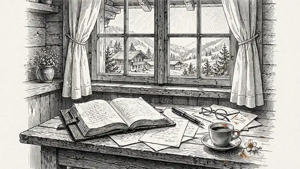 Schweizer Holzschreibtisch mit offenem Vertragsdokument und Brille im Morgenlicht