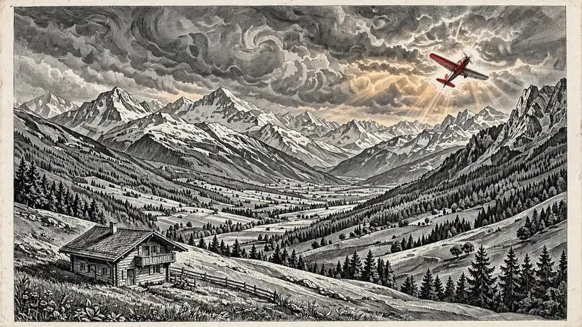 Ein rotes Propellerflugzeug steigt steil über den Schweizer Alpen auf, goldene Abendsonne über schneebedeckten Gipfeln