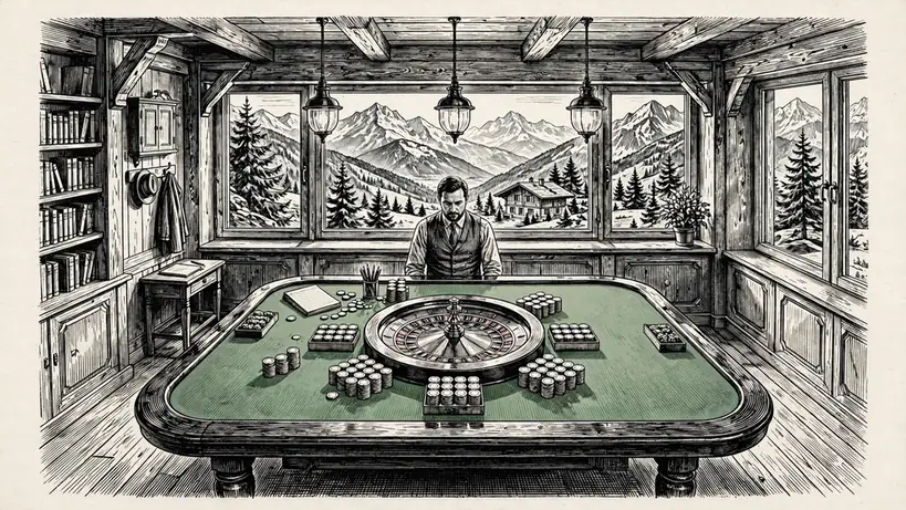 Schweizer Live-Dealer-Casino mit Roulettetisch, Jetons und Alpenausblick.