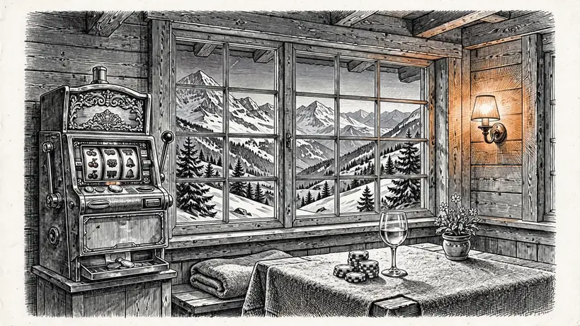 Klassischer Spielautomat in einem Schweizer Holzchalet mit Casino-Chips und Bergblick