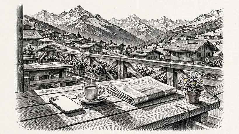 Smartphone und Espresso auf einer Schweizer Café-Terrasse mit Alpenpanorama im Hintergrund