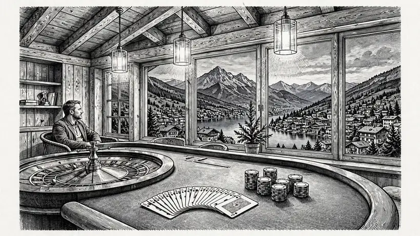 Schweizer Casino-Lounge mit Roulettetisch, Chips und Bergblick durch das Fenster