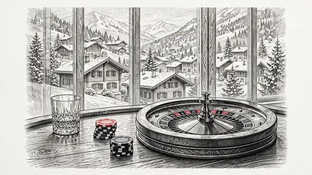 Roulette-Tisch mit Jetons und Blick auf ein verschneites Schweizer Bergdorf durch das Fenster.
