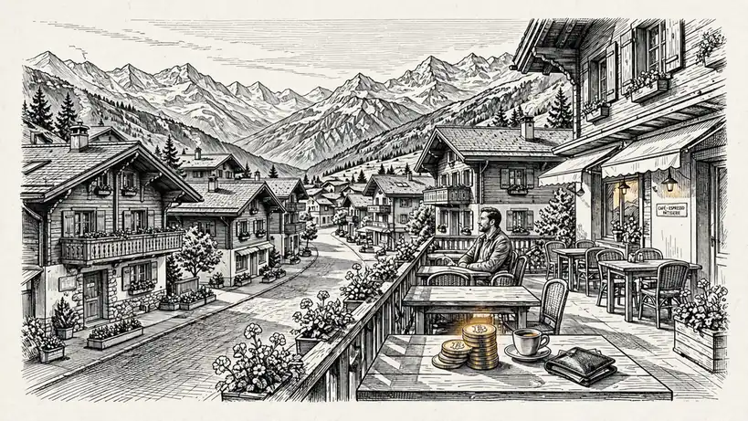 Schweizer Dorfstrasse mit Krypto-Münzen auf einem Cafétisch