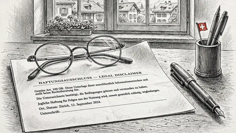 Juristischer Haftungsausschluss auf einem Schreibtisch mit Kugelschreiber und Brille