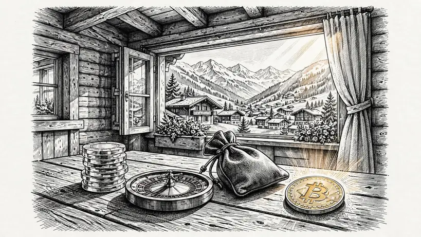 Casino-Chips, Roulette und Bitcoin-Münze auf einem Holztisch in einem Schweizer Chalet mit Alpenblick.