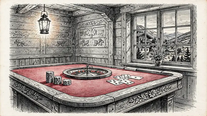 Eleganter Spieltisch in einem Schweizer Berghotel mit Jetons und Roulette