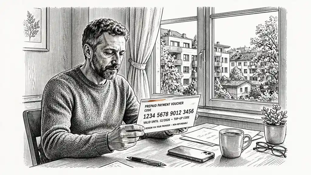 Person hält Paysafecard-Gutschein in einer Schweizer Wohnung