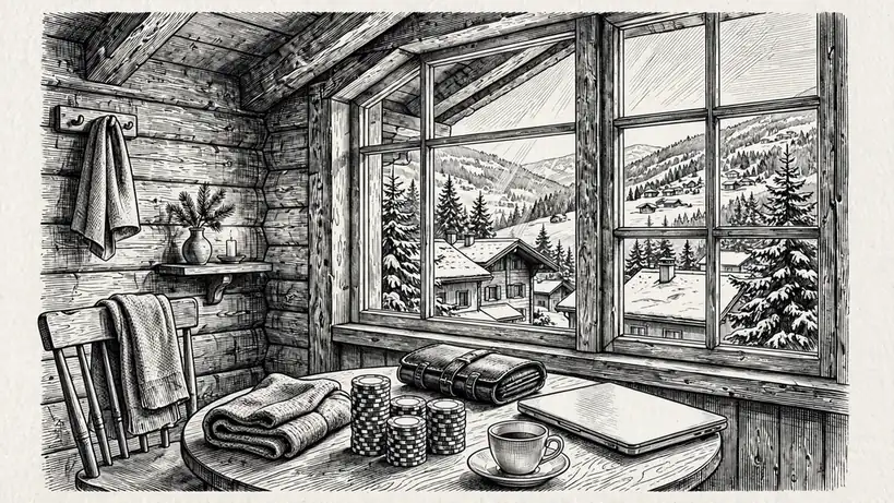 Gemütliches Schweizer Chalet-Lounge mit Casino-Chips und geschlossenem Laptop