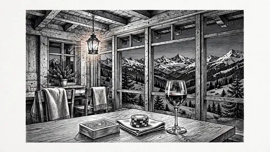 Gemütliches Schweizer Chalet mit Spielkarten und Chips auf dem Tisch
