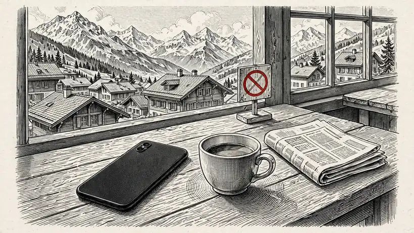 Smartphone mit ausgeschaltetem Bildschirm auf einem Holztisch in einem Schweizer Bergcafé