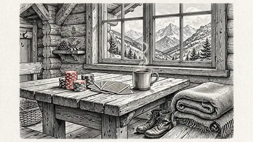 Poker-Chips und Karten auf einem Holztisch in einem Schweizer Chalet mit Bergblick