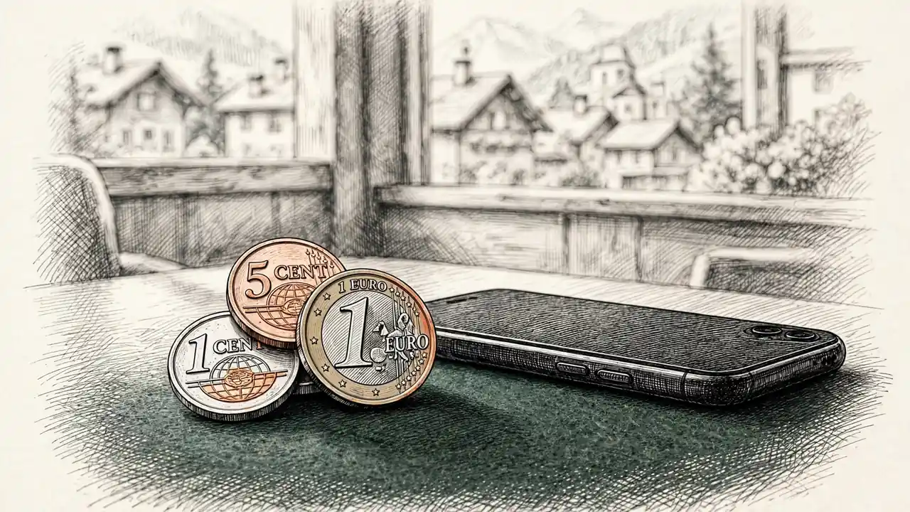 Kleine Münzenstapel aus 1-, 5-Cent und 1-Euro auf grünem Filz neben einem Smartphone.