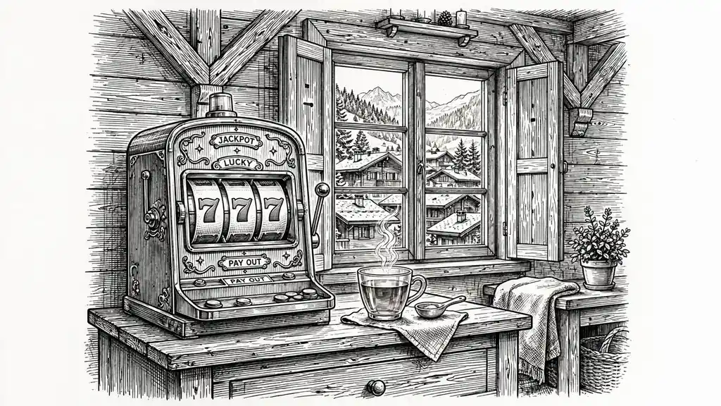Spielautomat in einer Schweizer Chalet-Stube mit Winterblick durchs Fenster.