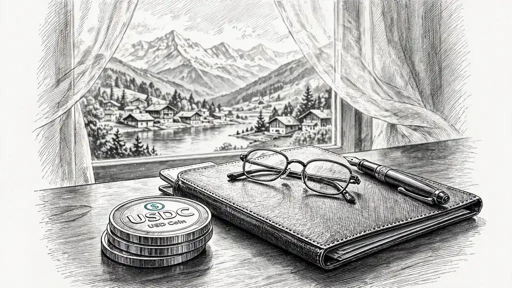 USDC-Münzen auf einem Schreibtisch mit Schweizer Alpenblick durch das Fenster